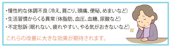 慢性的な体調不良（冷え、肩こり、頭痛、便秘、めまい　など）・生活習慣からくる異常（体脂肪、血圧、血糖、尿酸　など）・不定愁訴（眠れない、疲れやすい、やる気がおきない　など）