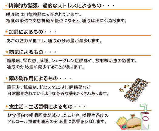 精神的なストレス、加齢、病気の影響、薬の副作用などがドライマウスの原因になる