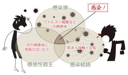 ＊感染源（ウイルス・細菌などの病原体）＊感染経路（接触・飛沫・空気）＊感受性宿主（その病原体に免疫のないヒト）