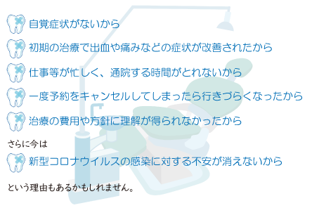 ・自覚症状がないから・初期の治療で出血や痛みなどの症状が改善されたから・仕事等が忙しく、通院する時間がとれないから・一度予約をキャンセルしてしまったら行きづらくなったから・治療の費用や方針に理解が得られなかったからさらに今は・新型コロナウイルスの感染に対する不安が消えないから　という理由もあるかもしれません。